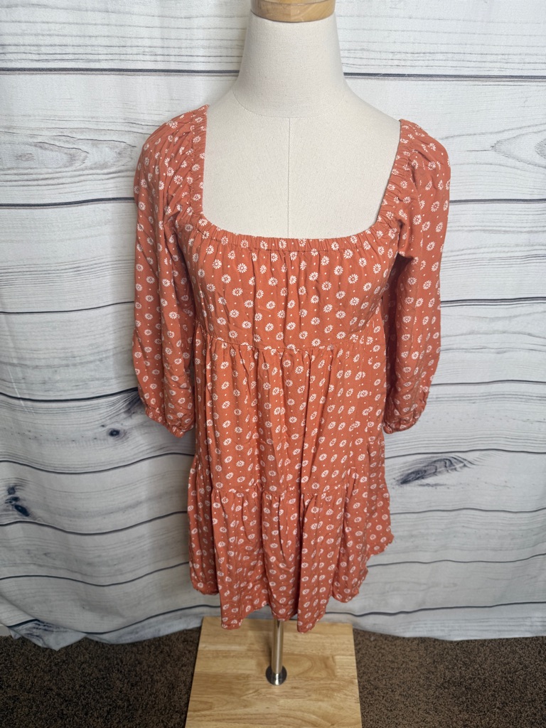 Billabong Rust Floral Square-Neck Tiered Mini Dress